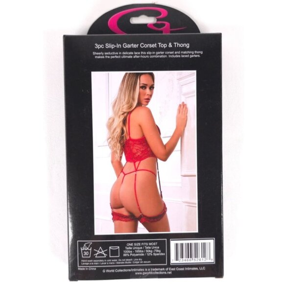 NWB G WORLD Intimates 3pc Lace Slip-In Garter Corset Top & Thong GW1959 ONE SIZE - Picture 4 of 6